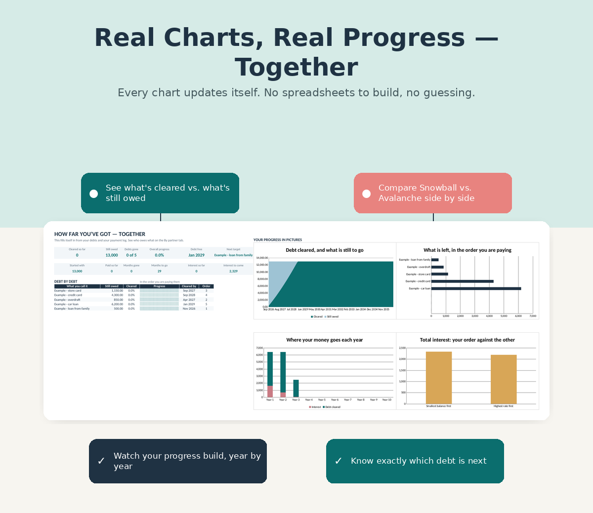 Real charts showing debt cleared versus still owed